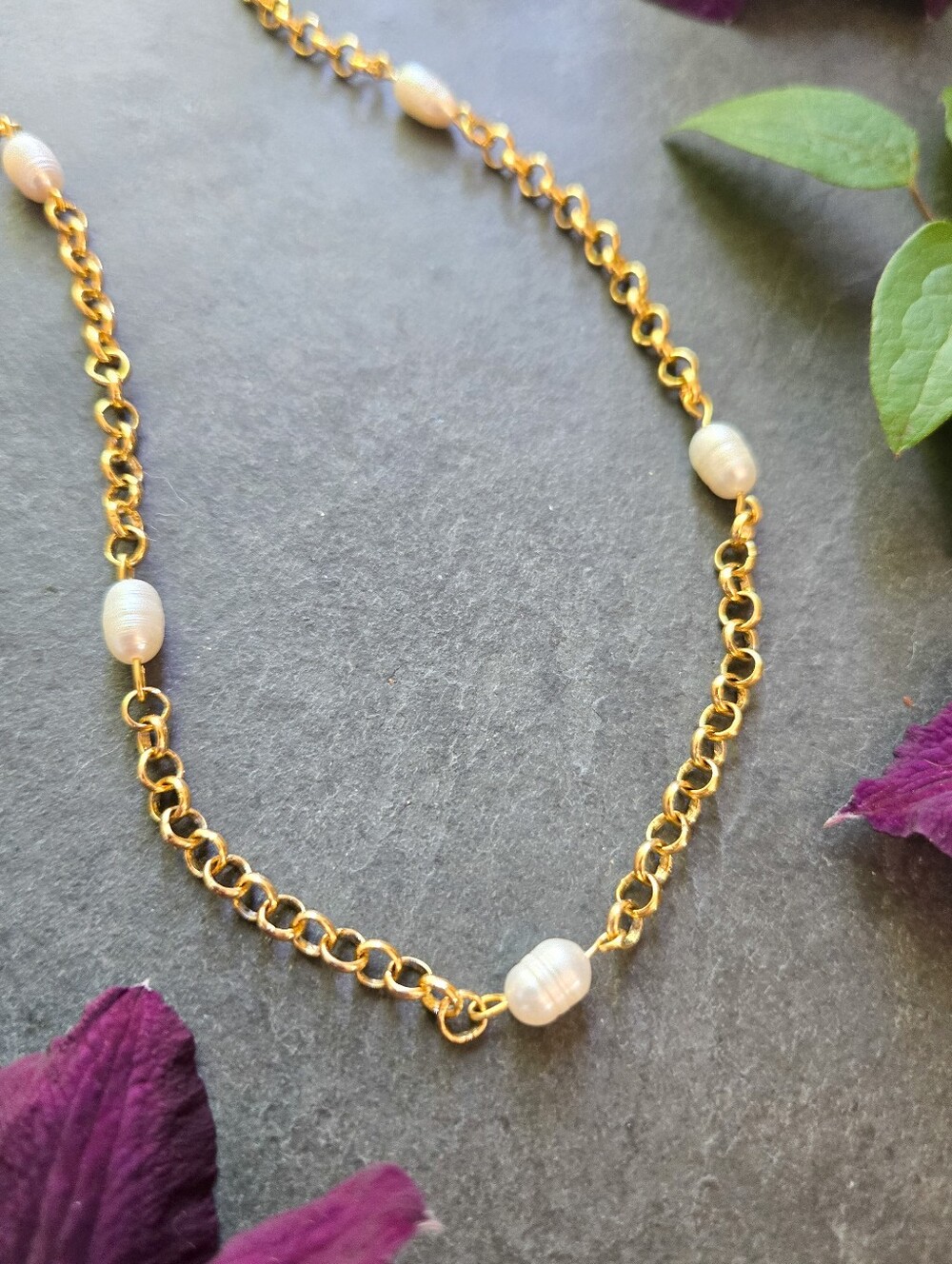 NWT Artisan Made 24k Gold Plated Pearl Station Choker - Picture 2 of 5